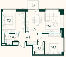 Планировка двухкомнатной(квартира) площадью 72.9 квадратных метров в “ЖК Клубный город на реке Primavera (Примавера)”