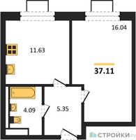 Планировка однокомнатной(квартира) площадью 37.11 квадратных метров в “ЖК Квартал Западный”