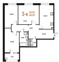Планировка трехкомнатной(квартира) площадью 86 квадратных метров в “ЖК Новое Летово”