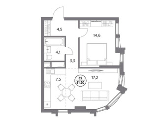 Планировка однокомнатной(квартира) площадью 51.2 квадратных метров в ЖК “ЖК Дом 56”