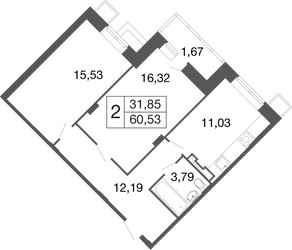 Планировка двухкомнатной(квартира) площадью 60.5 квадратных метров в ЖК “ЖК Времена года”