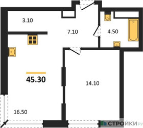 Планировка однокомнатной(квартира) площадью 45.3 квадратных метров в ЖК “Кутузов Сити”