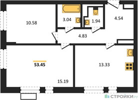 Планировка двухкомнатной(квартира) площадью 53.45 квадратных метров в “ЖК Пятницкие луга”