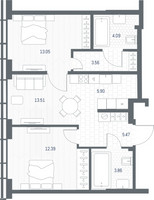 Планировка двухкомнатной(квартира) площадью 61.83 квадратных метров в “ЖК TATE (Тэйт)”