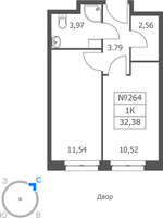 Планировка однокомнатной(апартаменты) площадью 32.38 квадратных метров в “ЖК Волковская 67”