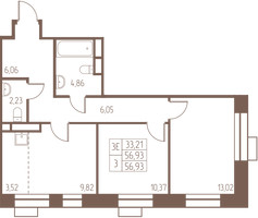 Планировка трехкомнатной(квартира) площадью 56.9 квадратных метров в “ЖК Западная Ивантеевка”