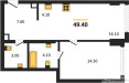 Планировка однокомнатной(квартира) площадью 49.4 квадратных метров в “ЖК Ривер Парк Кутузовский”