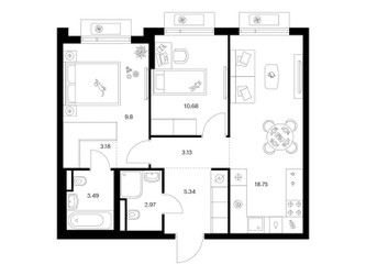 Планировка двухкомнатной(квартира) площадью 57.34 квадратных метров в ЖК “ЖК Ильинские луга”