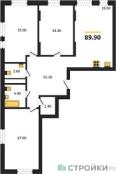 Планировка трехкомнатной(квартира) площадью 89.9 квадратных метров в ЖК “ЖК Переделкино Ближнее”