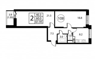 Планировка двухкомнатной(квартира) площадью 62 квадратных метров в “ЖК Космос”