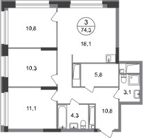 Планировка трехкомнатной(квартира) площадью 74.3 квадратных метров в “ЖК Первый Московский”