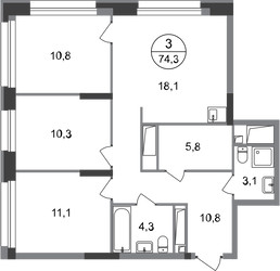 Планировка трехкомнатной(квартира) площадью 74.3 квадратных метров в ЖК “ЖК Первый Московский”