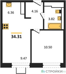 Планировка однокомнатной(квартира) площадью 34.31 квадратных метров в ЖК “ЖК Томилино Парк”
