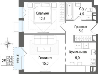Планировка двухкомнатной(квартира) площадью 46 квадратных метров в ЖК “ЖК КИНОКВАРТАЛ”
