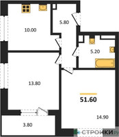 Планировка двухкомнатной(квартира) площадью 51.6 квадратных метров в “Жилые кварталы Белый Град”