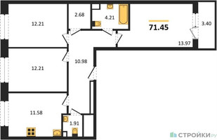 Планировка трехкомнатной(квартира) площадью 71.45 квадратных метров в “Жилые кварталы Новое Пушкино”