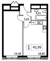 Планировка однокомнатной(квартира) площадью 45.99 квадратных метров в “ЖК Городские Истории”