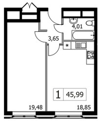 Планировка однокомнатной(квартира) площадью 45.99 квадратных метров в ЖК “ЖК Городские Истории”