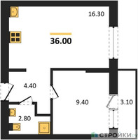 Планировка однокомнатной(квартира) площадью 36 квадратных метров в “ЖК Первый квартал”