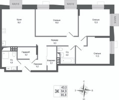 Планировка трехкомнатной(квартира) площадью 84.9 квадратных метров в “ЖК КИНОКВАРТАЛ”