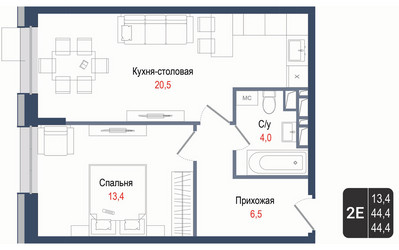Планировка двухкомнатной(квартира) площадью 44.4 квадратных метров в ЖК “ЖК КИНОКВАРТАЛ”
