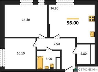 Планировка двухкомнатной(квартира) площадью 56 квадратных метров в ЖК “ЖК Первый Московский”