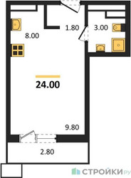 Планировка студии(квартира) площадью 24 квадратных метров в ЖК “ЖК Родные кварталы”