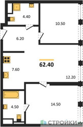 Планировка двухкомнатной(квартира) площадью 62.4 квадратных метров в ЖК “ЖК Sokolniki (Сокольники)”