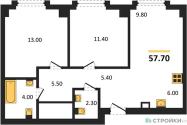 Планировка двухкомнатной(квартира) площадью 57.7 квадратных метров в “ЖК Мангазея на Тульской”