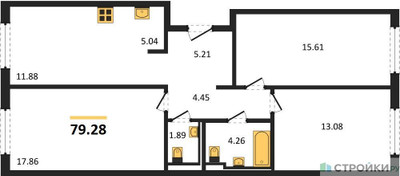 Планировка трехкомнатной(квартира) площадью 79.28 квадратных метров в ЖК “ЖК Мытищи Парк”