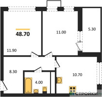 Планировка двухкомнатной(квартира) площадью 48.6 квадратных метров в “ЖК Бунинские кварталы”