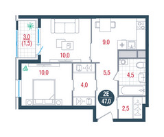 Планировка двухкомнатной(квартира) площадью 47 квадратных метров в “ЖК РУСИЧ-Кантемировский”