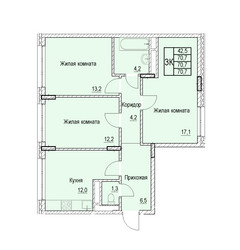 Планировка трехкомнатной(квартира) площадью 70.7 квадратных метров в ЖК “ЖК Отрадный”