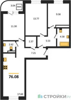 Планировка трехкомнатной(квартира) площадью 76.08 квадратных метров в “Ласточкино”