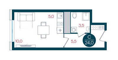 Планировка студии(квартира) площадью 24 квадратных метров в ЖК “ЖК РУСИЧ-Кантемировский”
