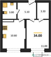 Планировка однокомнатной(квартира) площадью 34 квадратных метров в “ЖК Видный берег 2”