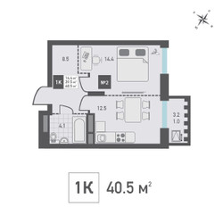 Планировка однокомнатной(квартира) площадью 40.5 квадратных метров в ЖК “ЖК Зеленоград Ривьера”