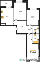 Планировка трехкомнатной(квартира) площадью 75.88 квадратных метров в “ЖК Sezar City (Сезар Сити)”