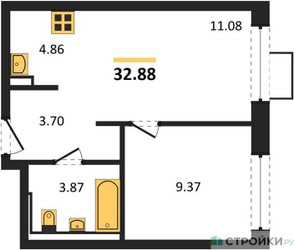 Планировка однокомнатной(квартира) площадью 32.88 квадратных метров в ЖК “ЖК Молжаниново”