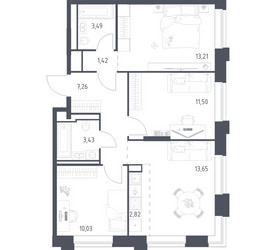 Планировка трехкомнатной(квартира) площадью 66.81 квадратных метров в ЖК “ЖК Верейская 41”