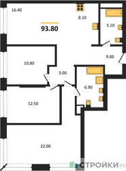 Планировка трехкомнатной(квартира) площадью 93.8 квадратных метров в ЖК “ЖК Moments (Моментс)”