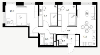Планировка трехкомнатной(квартира) площадью 69.9 квадратных метров в “ЖК 2-й Иртышский”