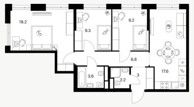 Планировка трехкомнатной(квартира) площадью 69.9 квадратных метров в ЖК “ЖК 2-й Иртышский”