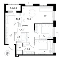 Планировка 4+ комнатной(квартира) площадью 88.3 квадратных метров в “ЖК 1-й Саларьевский (Первый Саларьевский)”