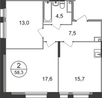 Планировка двухкомнатной(квартира) площадью 58.3 квадратных метров в “ЖК Первый Московский”