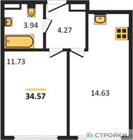 Планировка однокомнатной(апартаменты) площадью 34.57 квадратных метров в “ЖК Движение. Говорово”