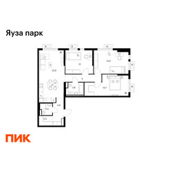 Планировка трехкомнатной(квартира) площадью 83.8 квадратных метров в ЖК “ЖК Яуза Парк (Мытищи)”