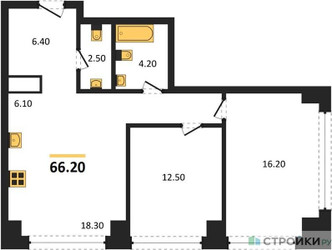 Планировка двухкомнатной(квартира) площадью 66.2 квадратных метров в ЖК “ЖК Very (Вери)”