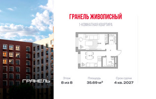 Планировка однокомнатной(квартира) площадью 35.69 квадратных метров в “ЖК Живописный”