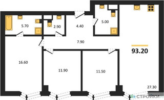 Планировка трехкомнатной(квартира) площадью 93.2 квадратных метров в “ICE TOWERS (Айс Тауэрс)”